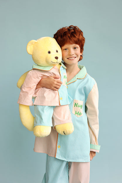 Ren Multicolor Hug Me Striped Boys Pyjama Set with Matching Mega Boy Teddy Bear