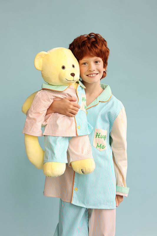 Ren Multicolor Hug Me Striped Boys Pyjama Set with Matching Mega Boy Teddy Bear