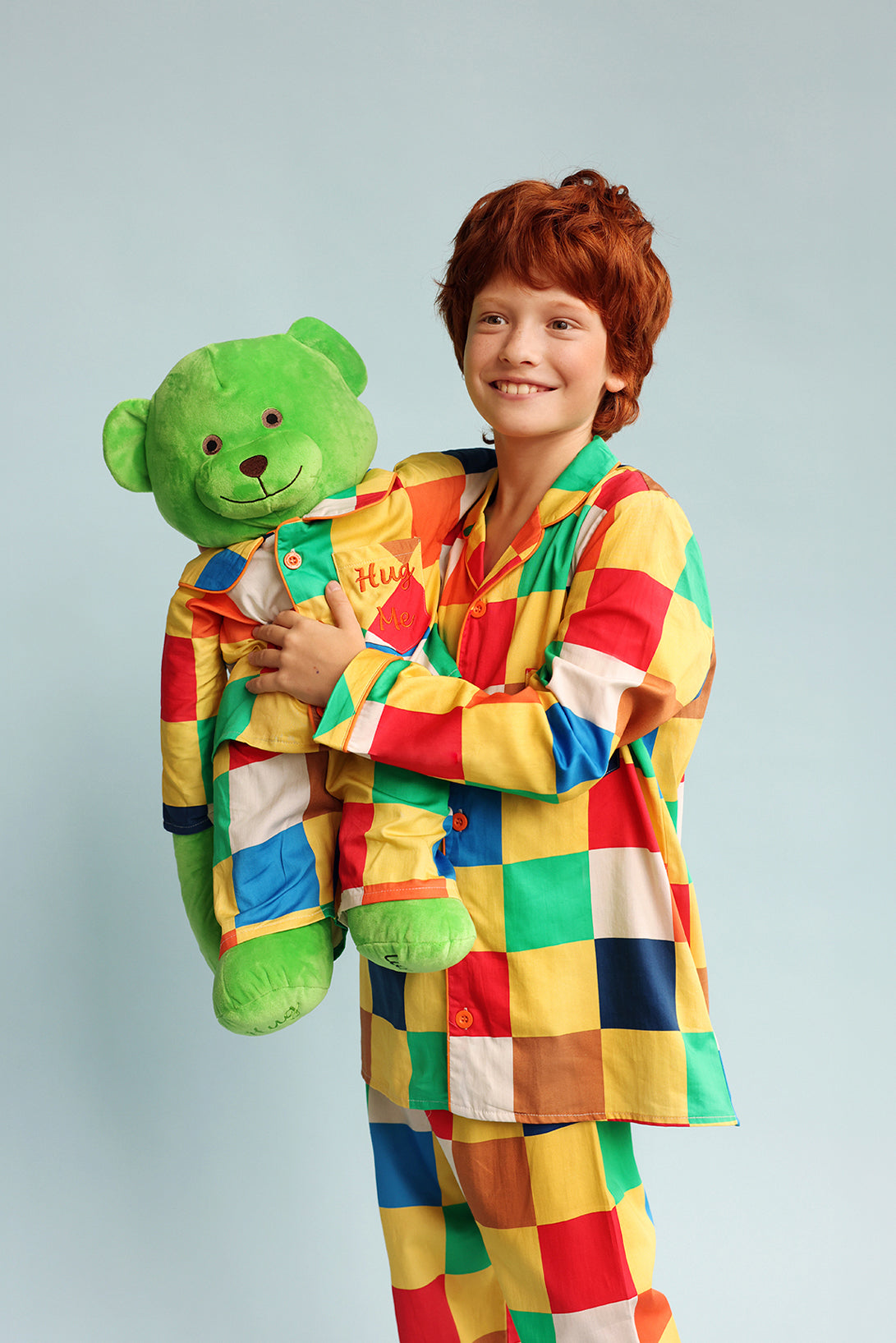 Lucas Hug Me Colourblock Boys Pyjama Set with Matching Mega Boy Teddy Bear