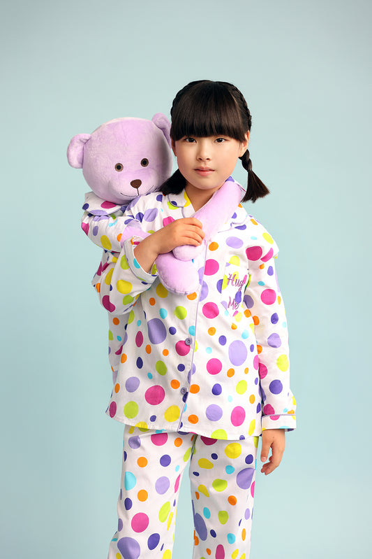 Bubbles Hug Me Polka Dot Girls Pyjama Set with Matching Mega Boy Teddy Bear