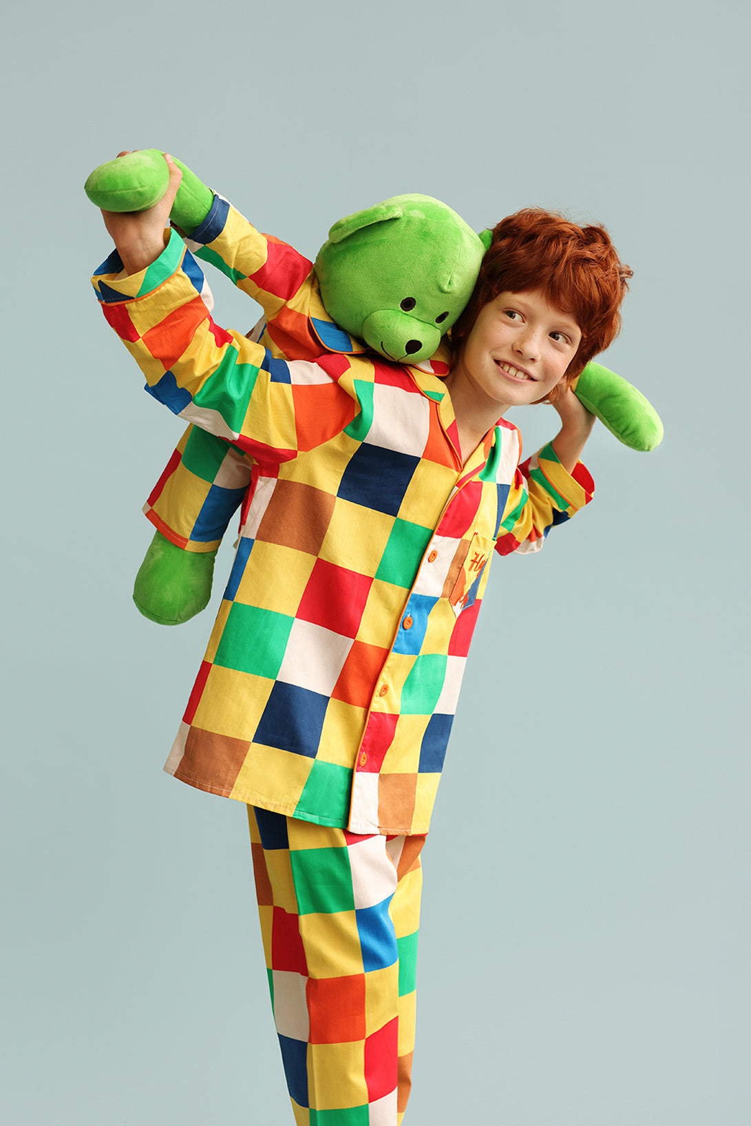 Lucas Hug Me Colourblock Boys Pyjama Set with Matching Mega Boy Teddy Bear
