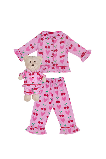 Ma Cherie Cherry Girls Pyjama Set with Matching Mega Boy Teddy Bear