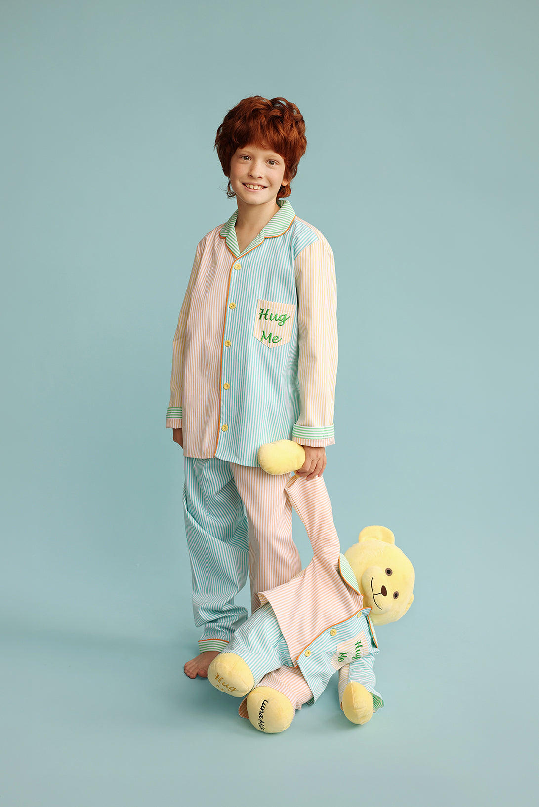 Ren Multicolor Hug Me Striped Boys Pyjama Set with Matching Mega Boy Teddy Bear