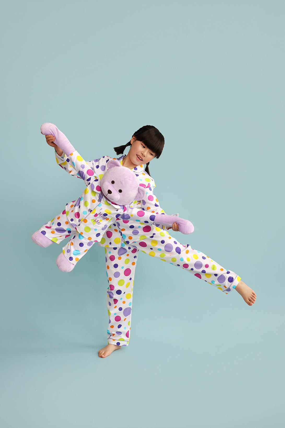 Bubbles Hug Me Polka Dot Girls Pyjama Set with Matching Mega Boy Teddy Bear