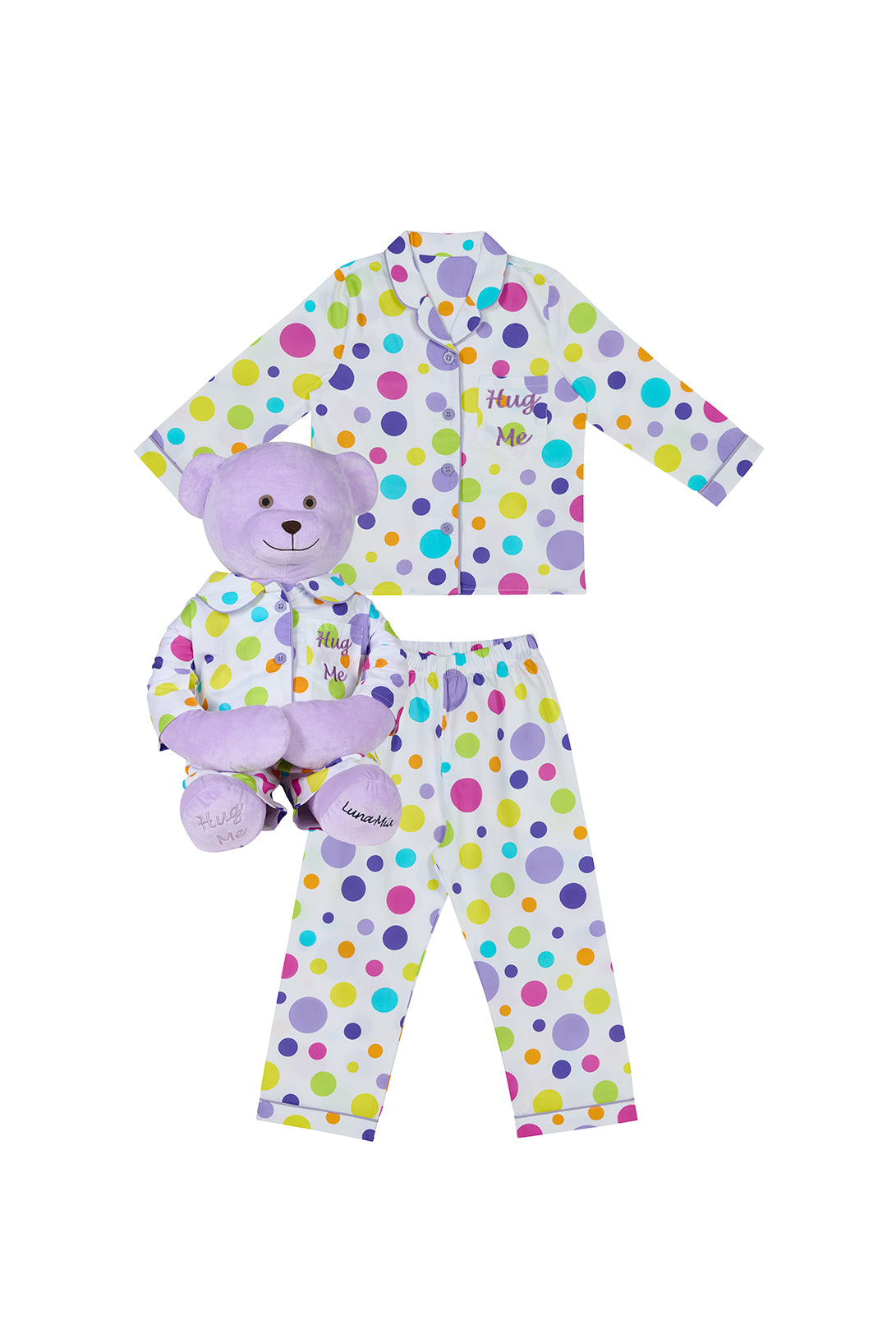 Bubbles Hug Me Polka Dot Girls Pyjama Set with Matching Mega Boy Teddy Bear