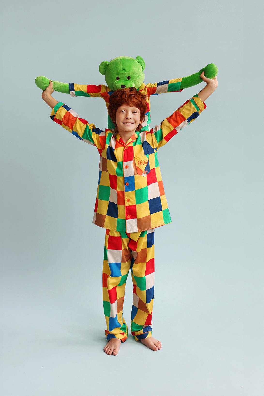Lucas Hug Me Colourblock Boys Pyjama Set with Matching Mega Boy Teddy Bear