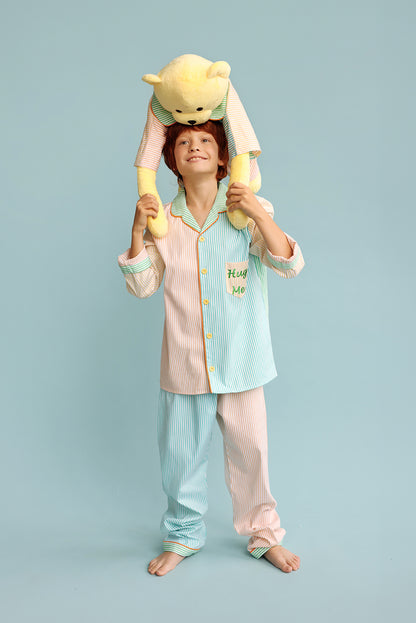Ren Multicolor Hug Me Striped Boys Pyjama Set with Matching Mega Boy Teddy Bear