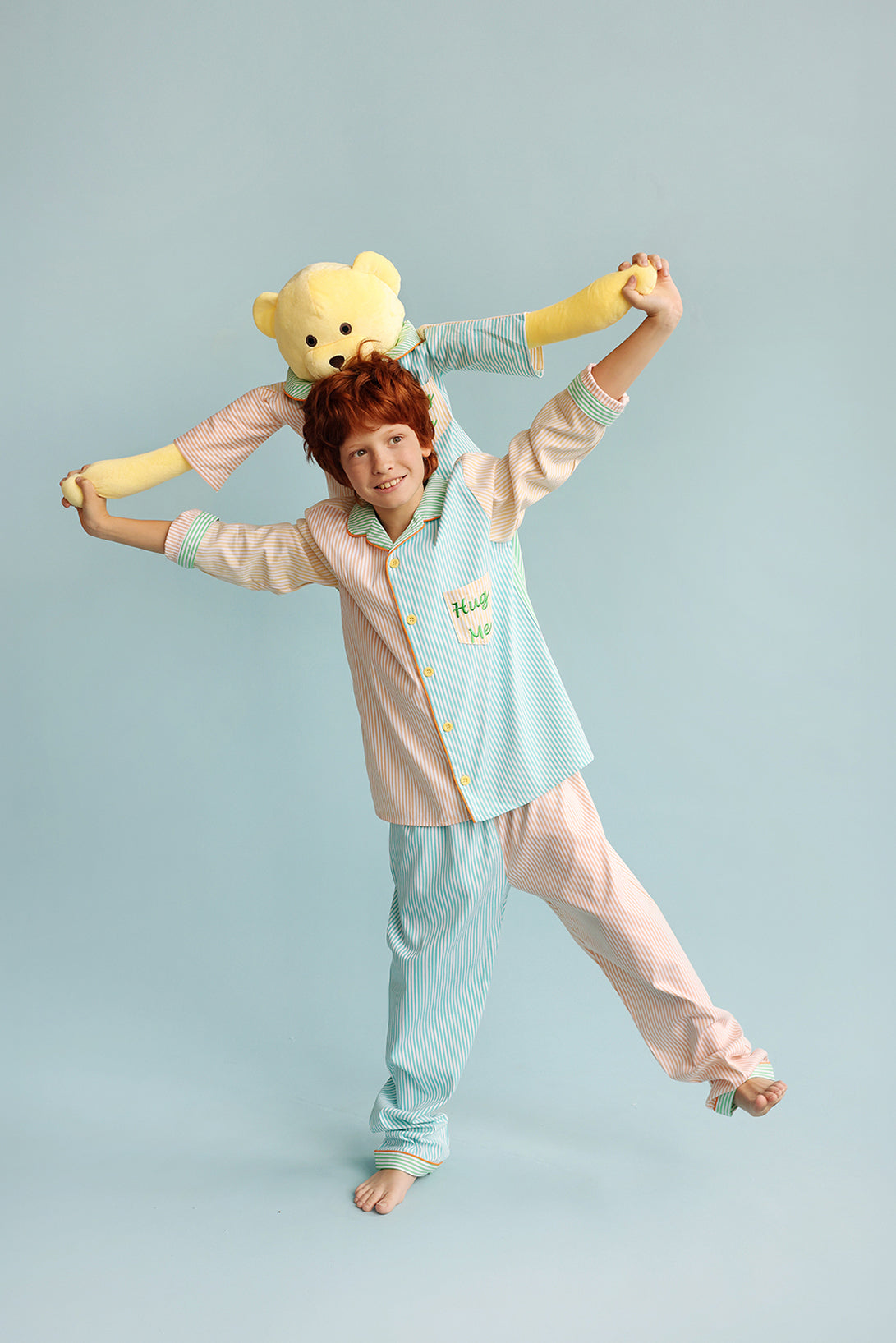 Ren Multicolor Hug Me Striped Boys Pyjama Set with Matching Mega Boy Teddy Bear