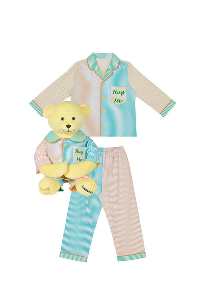 Ren Multicolor Hug Me Striped Boys Pyjama Set with Matching Mega Boy Teddy Bear