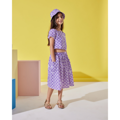 Purple Floral Girls Cotton Shirt, Skirt And Hat Set