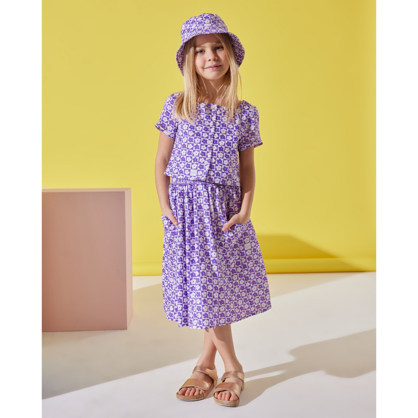 Purple Floral Girls Cotton Shirt, Skirt And Hat Set