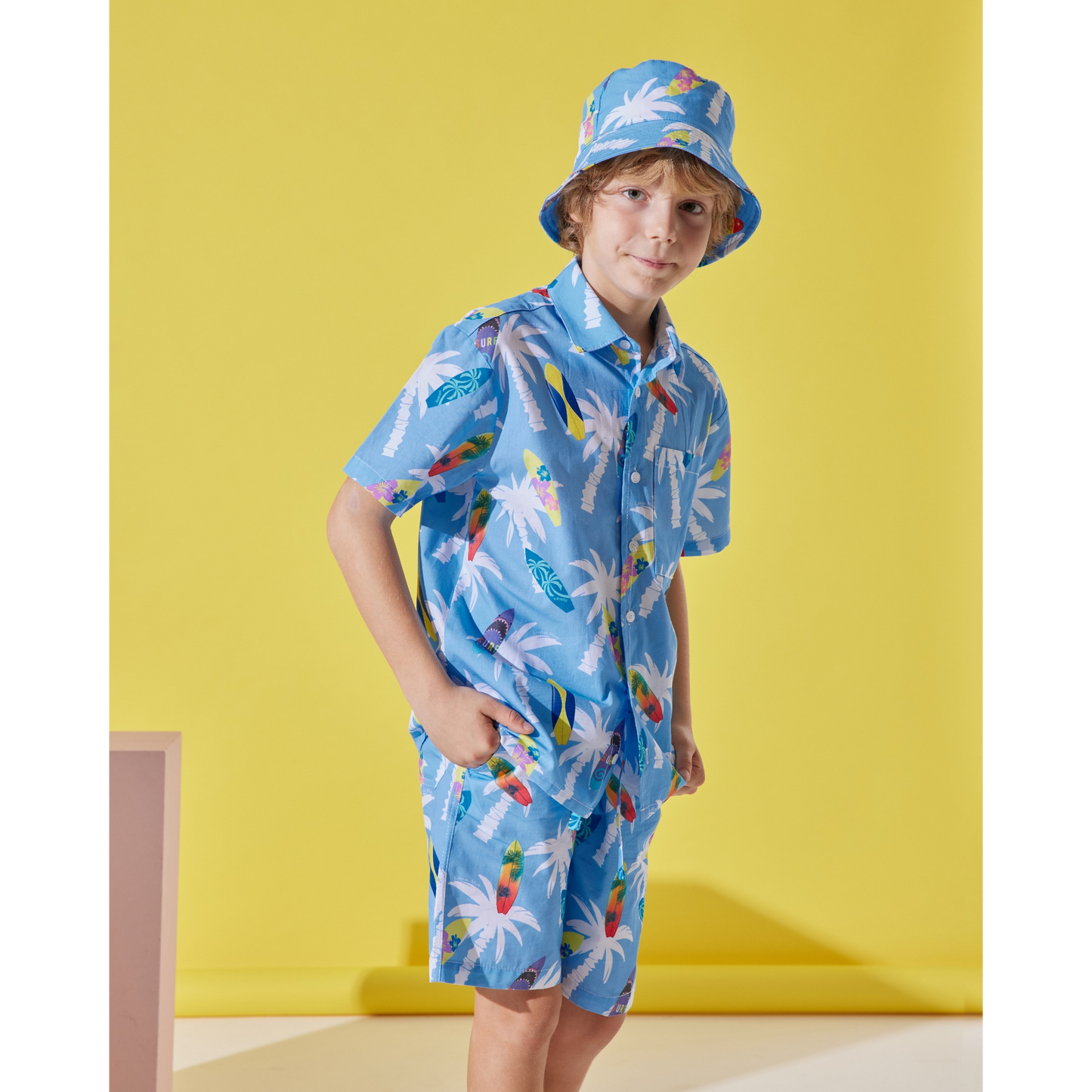 Surfer Boys Cotton Shirt, Shorts And Hat Set