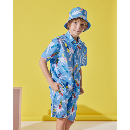 Surfer Boys Cotton Shirt, Shorts And Hat Set