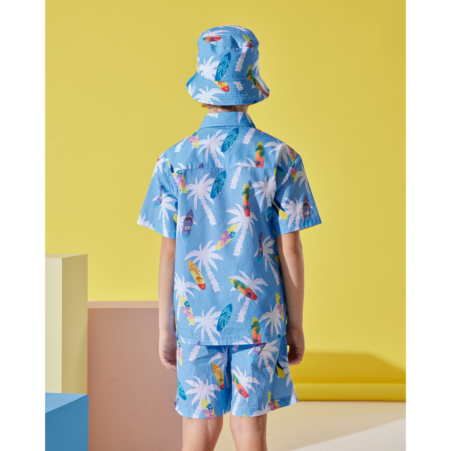 Surfer Boys Cotton Shirt, Shorts And Hat Set