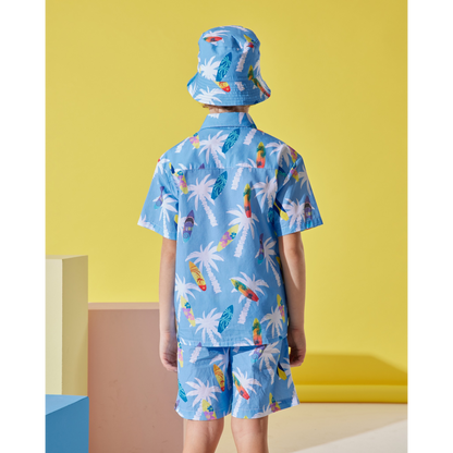 Surfer Boys Cotton Shirt, Shorts And Hat Set