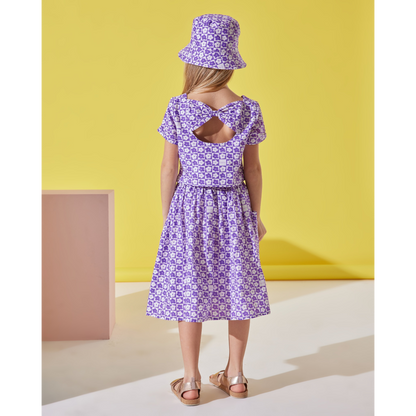 Purple Floral Girls Cotton Shirt, Skirt And Hat Set