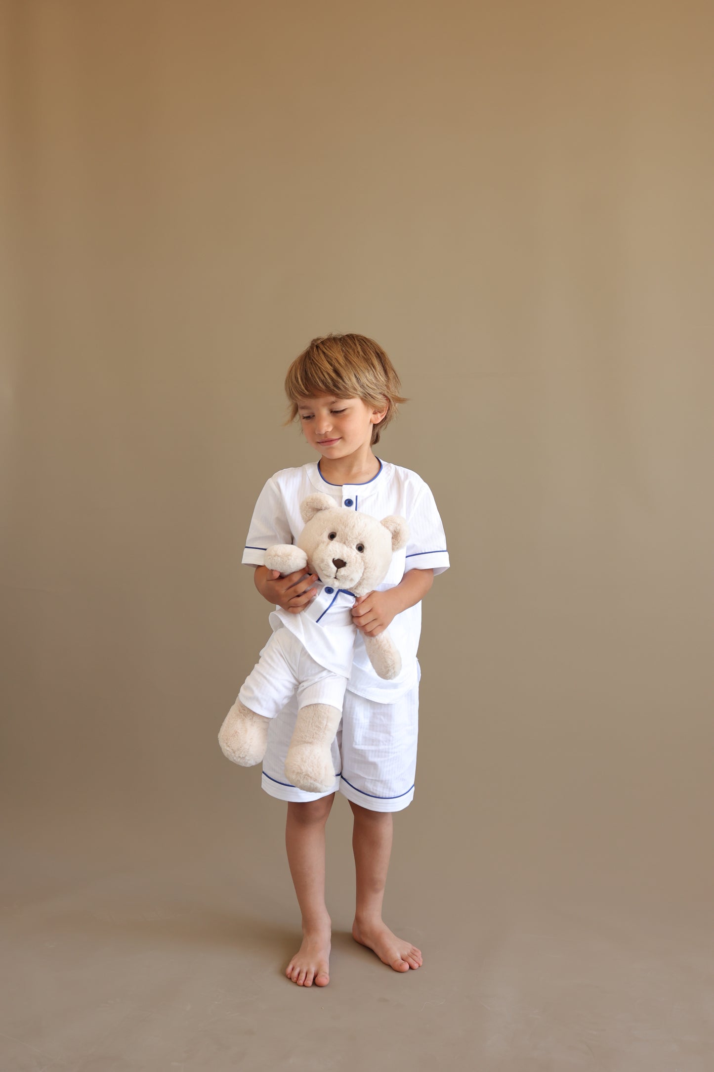 Pure White Boy Pyjama Set with Matching Teddy Bear (Short Sleeve & Shorts)