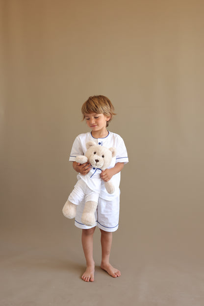 Pure White Boy Pyjama Set with Matching Teddy Bear (Short Sleeve & Shorts)
