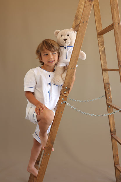 Pure White Boy Pyjama Set with Matching Teddy Bear (Short Sleeve & Shorts)