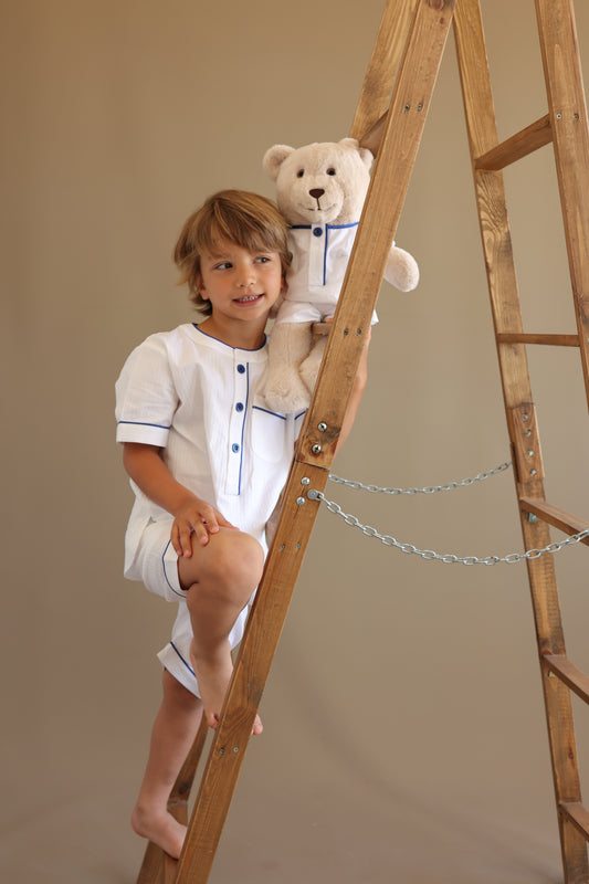 Pure White Boy Pyjama Set with Matching Teddy Bear (Short Sleeve & Shorts)