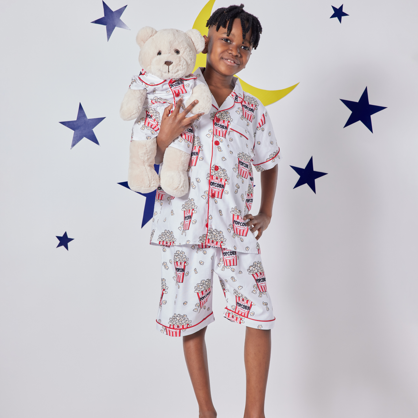 Pop Corn Boys Pyjama Set with Matching Teddy Bear (Short Sleeve & Shorts)