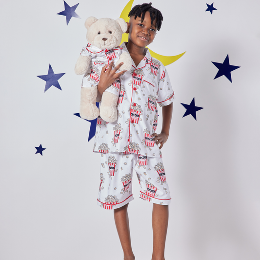 Pop Corn Boys Pyjama Set with Matching Teddy Bear (Short Sleeve & Shorts)
